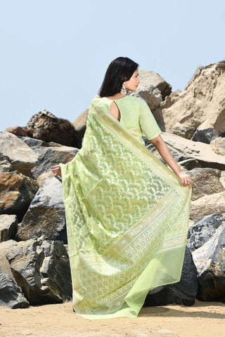 Jash-e-Jal' Pastel Pista Green Pure Resham Cotton Silk Banarasi Handloom Saree