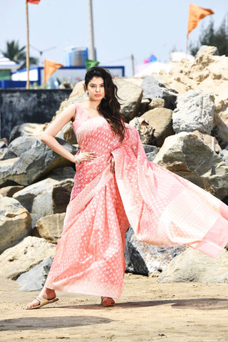 'Mehfil-e-Rang' Coral Peach Pure Resham Cotton Silk Banarasi Handloom Saree