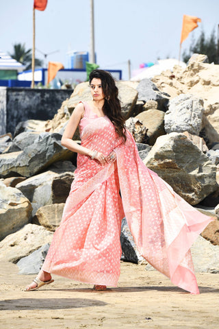 'Mehfil-e-Rang' Coral Peach Pure Resham Cotton Silk Banarasi Handloom Saree