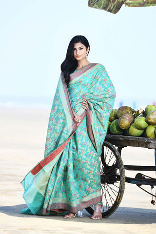 'Gulnaar' Aqua Pure Resham Cotton Alfi Jaal Tilfi Border Banarasi Handloom Saree