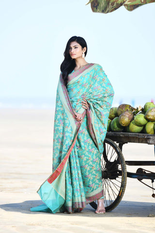 'Gulnaar' Aqua Pure Resham Cotton Alfi Jaal Tilfi Border Banarasi Handloom Saree