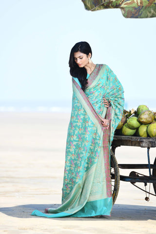 'Gulnaar' Aqua Pure Resham Cotton Alfi Jaal Tilfi Border Banarasi Handloom Saree