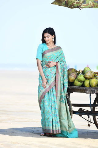 'Gulnaar' Aqua Pure Resham Cotton Alfi Jaal Tilfi Border Banarasi Handloom Saree