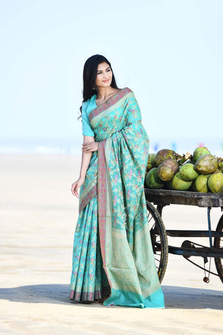 'Gulnaar' Aqua Pure Resham Cotton Alfi Jaal Tilfi Border Banarasi Handloom Saree