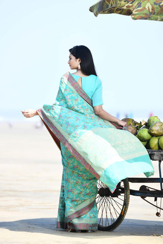 'Gulnaar' Aqua Pure Resham Cotton Alfi Jaal Tilfi Border Banarasi Handloom Saree