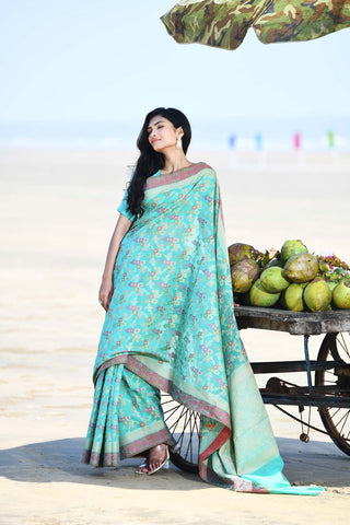 'Gulnaar' Aqua Pure Resham Cotton Alfi Jaal Tilfi Border Banarasi Handloom Saree