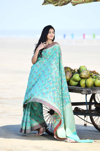 'Gulnaar' Aqua Pure Resham Cotton Alfi Jaal Tilfi Border Banarasi Handloom Saree