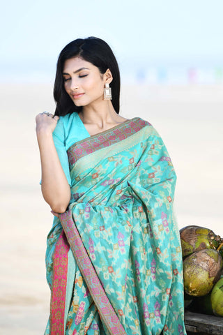 'Gulnaar' Aqua Pure Resham Cotton Alfi Jaal Tilfi Border Banarasi Handloom Saree