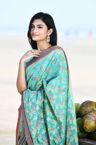'Gulnaar' Aqua Pure Resham Cotton Alfi Jaal Tilfi Border Banarasi Handloom Saree