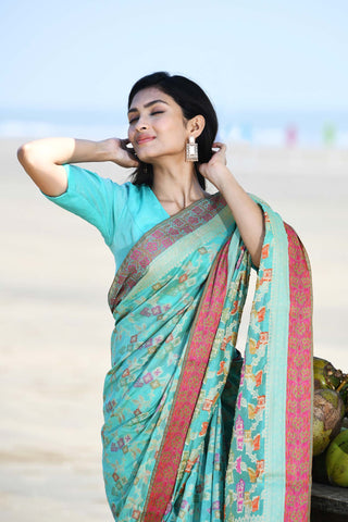 'Gulnaar' Aqua Pure Resham Cotton Alfi Jaal Tilfi Border Banarasi Handloom Saree