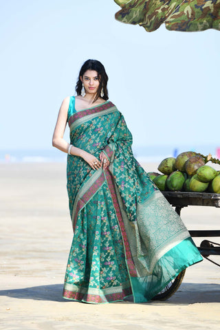 'Gulnaar' Teal Pure Resham Cotton Alfi Jaal Tilfi Border Banarasi Handloom Saree