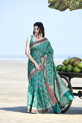 'Gulnaar' Teal Pure Resham Cotton Alfi Jaal Tilfi Border Banarasi Handloom Saree