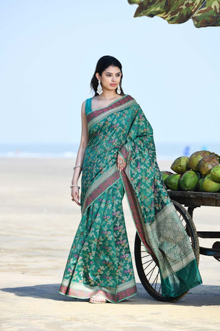 'Gulnaar' Teal Pure Resham Cotton Alfi Jaal Tilfi Border Banarasi Handloom Saree