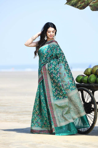'Gulnaar' Teal Pure Resham Cotton Alfi Jaal Tilfi Border Banarasi Handloom Saree