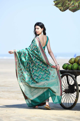 'Gulnaar' Teal Pure Resham Cotton Alfi Jaal Tilfi Border Banarasi Handloom Saree