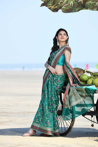 'Gulnaar' Teal Pure Resham Cotton Alfi Jaal Tilfi Border Banarasi Handloom Saree