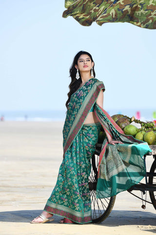 'Gulnaar' Teal Pure Resham Cotton Alfi Jaal Tilfi Border Banarasi Handloom Saree