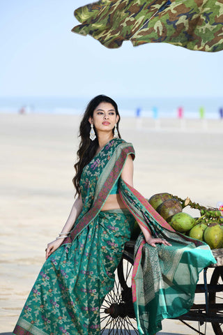 'Gulnaar' Teal Pure Resham Cotton Alfi Jaal Tilfi Border Banarasi Handloom Saree