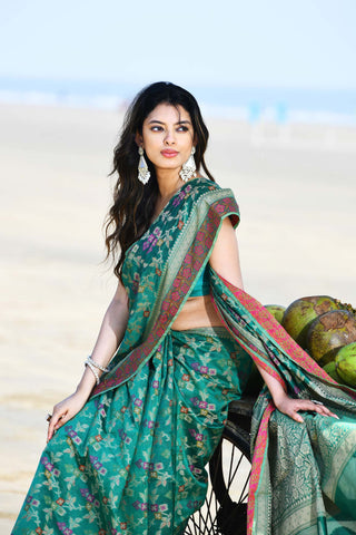 'Gulnaar' Teal Pure Resham Cotton Alfi Jaal Tilfi Border Banarasi Handloom Saree