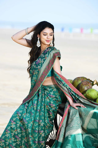 'Gulnaar' Teal Pure Resham Cotton Alfi Jaal Tilfi Border Banarasi Handloom Saree