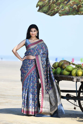 'Gulnaar' Grey Pure Resham Cotton Alfi Jaal Tilfi Border Banarasi Handloom Saree