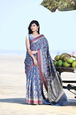 'Gulnaar' Grey Pure Resham Cotton Alfi Jaal Tilfi Border Banarasi Handloom Saree