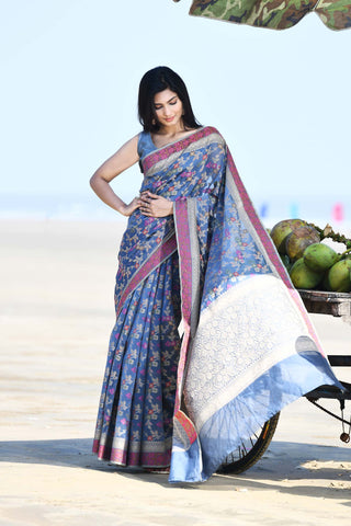 'Gulnaar' Grey Pure Resham Cotton Alfi Jaal Tilfi Border Banarasi Handloom Saree