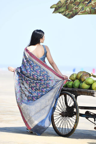 'Gulnaar' Grey Pure Resham Cotton Alfi Jaal Tilfi Border Banarasi Handloom Saree