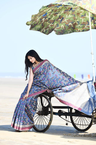 'Gulnaar' Grey Pure Resham Cotton Alfi Jaal Tilfi Border Banarasi Handloom Saree