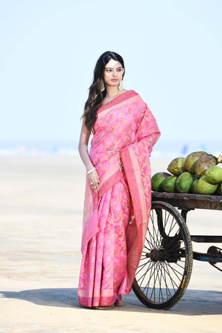 'Gulnaar' Pastel Pink Pure Resham Cotton Alfi Jaal Tilfi Border Banarasi Handloom Saree