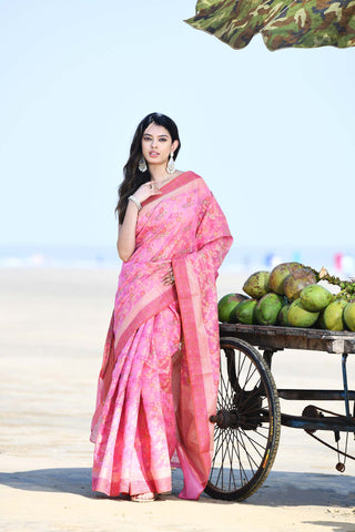 'Gulnaar' Pastel Pink Pure Resham Cotton Alfi Jaal Tilfi Border Banarasi Handloom Saree