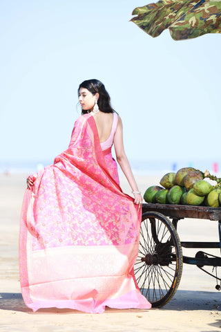 'Gulnaar' Pastel Pink Pure Resham Cotton Alfi Jaal Tilfi Border Banarasi Handloom Saree