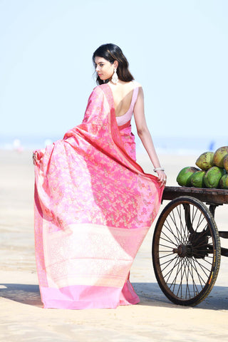 'Gulnaar' Pastel Pink Pure Resham Cotton Alfi Jaal Tilfi Border Banarasi Handloom Saree