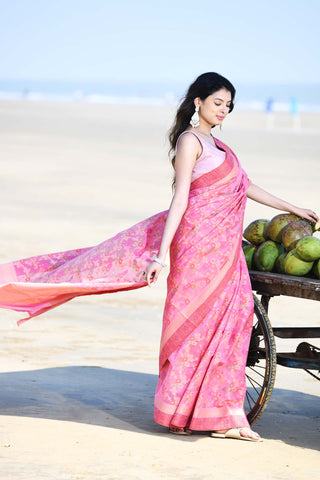 'Gulnaar' Pastel Pink Pure Resham Cotton Alfi Jaal Tilfi Border Banarasi Handloom Saree