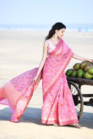 'Gulnaar' Pastel Pink Pure Resham Cotton Alfi Jaal Tilfi Border Banarasi Handloom Saree