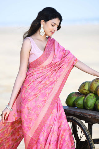 'Gulnaar' Pastel Pink Pure Resham Cotton Alfi Jaal Tilfi Border Banarasi Handloom Saree