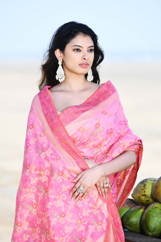 'Gulnaar' Pastel Pink Pure Resham Cotton Alfi Jaal Tilfi Border Banarasi Handloom Saree