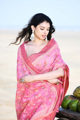 'Gulnaar' Pastel Pink Pure Resham Cotton Alfi Jaal Tilfi Border Banarasi Handloom Saree