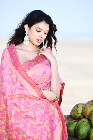 'Gulnaar' Pastel Pink Pure Resham Cotton Alfi Jaal Tilfi Border Banarasi Handloom Saree