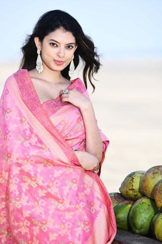 'Gulnaar' Pastel Pink Pure Resham Cotton Alfi Jaal Tilfi Border Banarasi Handloom Saree