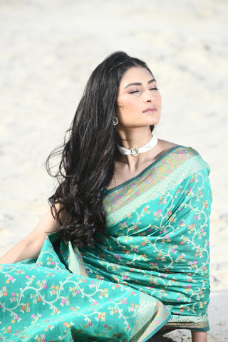 'Nazaakat'  Green Pure Resham Cotton Alfi Jaal Tilfi Border Pure Banarasi Handloom Saree
