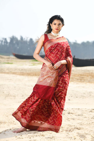 'Nazaakat' Garnet Pure Resham Cotton Alfi Jaal Tilfi Border Pure Banarasi Handloom Saree