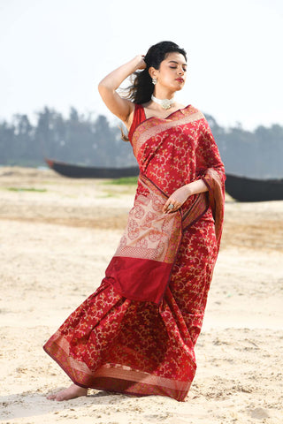 'Nazaakat' Garnet Pure Resham Cotton Alfi Jaal Tilfi Border Pure Banarasi Handloom Saree