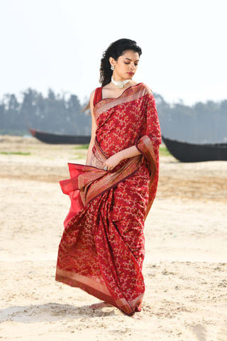 'Nazaakat' Garnet Pure Resham Cotton Alfi Jaal Tilfi Border Pure Banarasi Handloom Saree