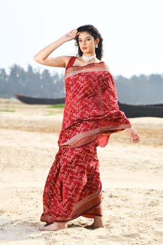 'Nazaakat' Garnet Pure Resham Cotton Alfi Jaal Tilfi Border Pure Banarasi Handloom Saree