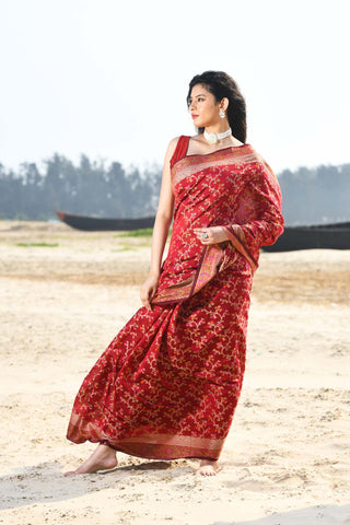 'Nazaakat' Garnet Pure Resham Cotton Alfi Jaal Tilfi Border Pure Banarasi Handloom Saree
