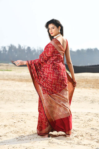 'Nazaakat' Garnet Pure Resham Cotton Alfi Jaal Tilfi Border Pure Banarasi Handloom Saree