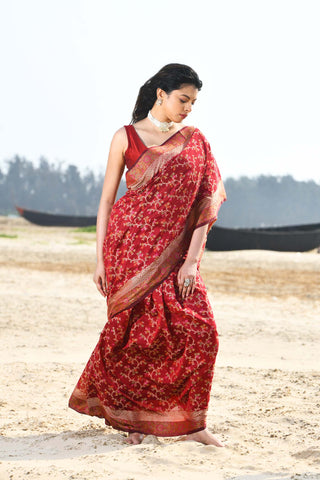 'Nazaakat' Garnet Pure Resham Cotton Alfi Jaal Tilfi Border Pure Banarasi Handloom Saree