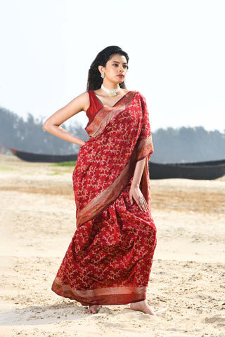 'Nazaakat' Garnet Pure Resham Cotton Alfi Jaal Tilfi Border Pure Banarasi Handloom Saree