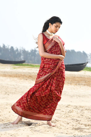'Nazaakat' Garnet Pure Resham Cotton Alfi Jaal Tilfi Border Pure Banarasi Handloom Saree